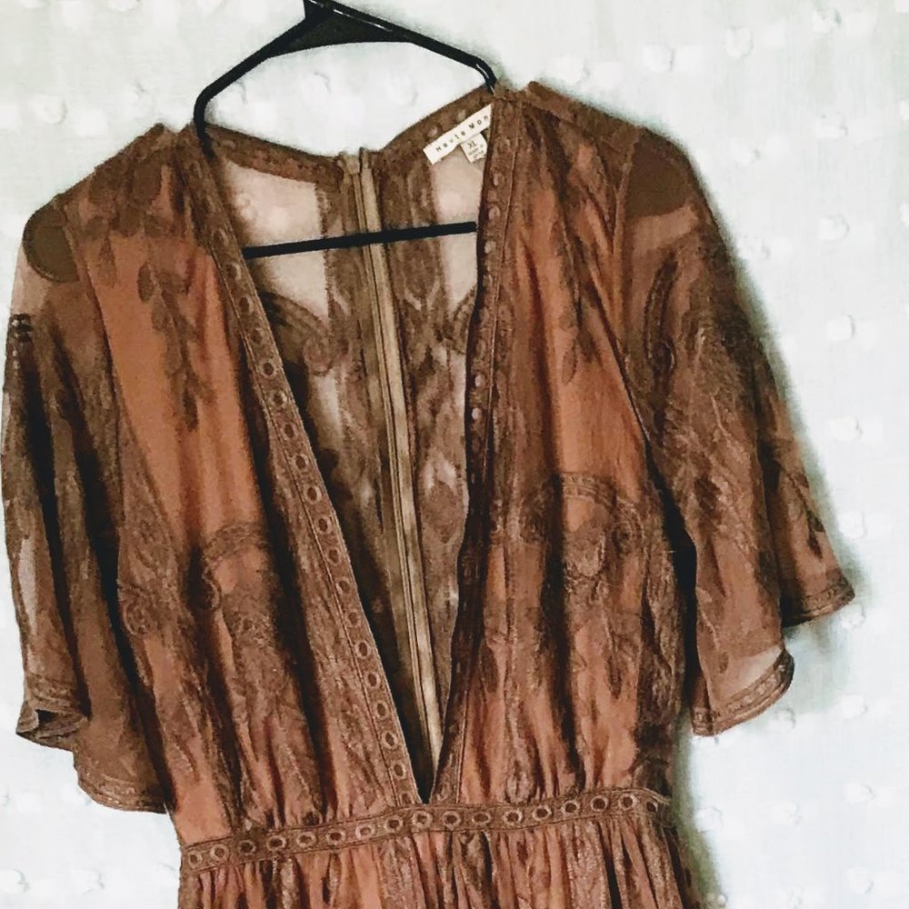 Brown Plunge Maxi Dress with Slits - NWT